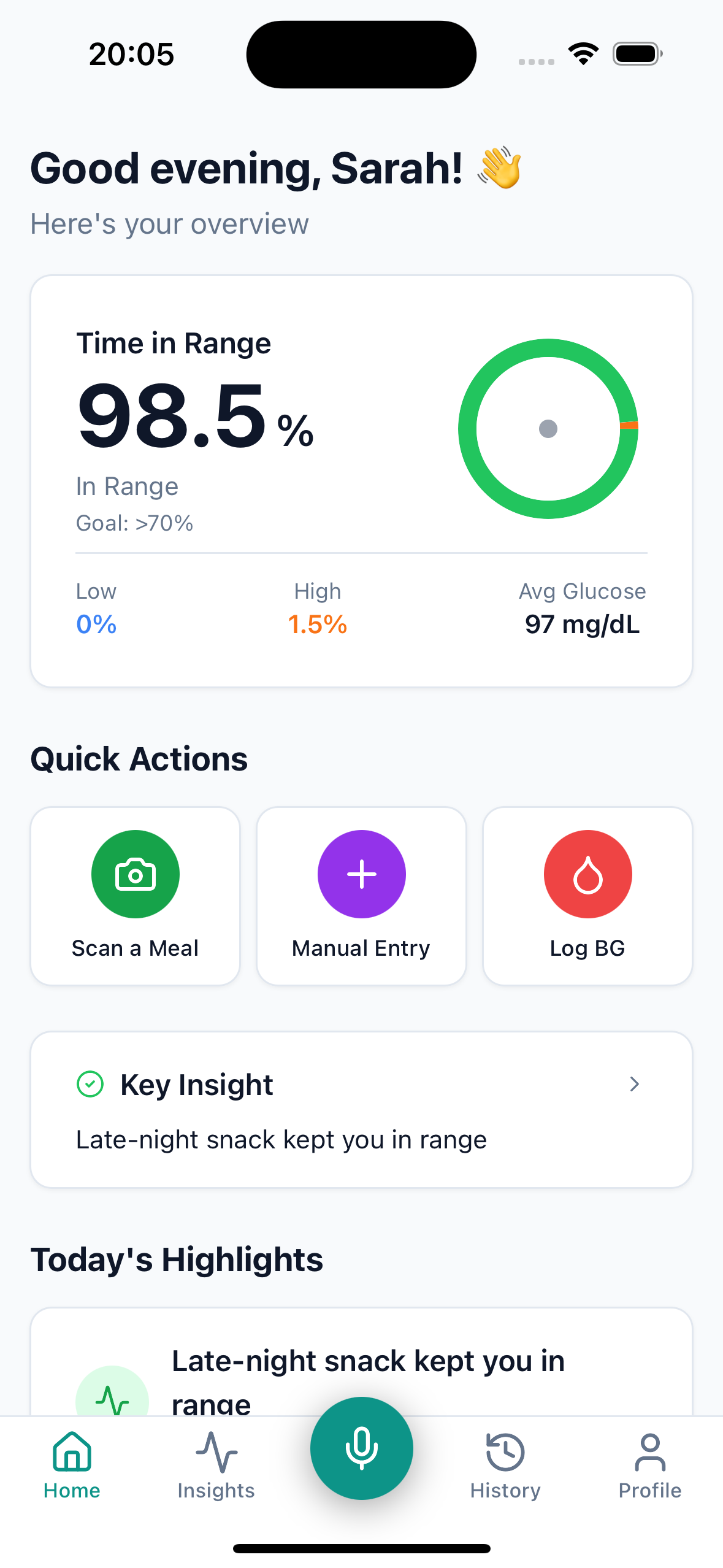 Dashboard — time-in-range donut chart, quick actions, and daily insights